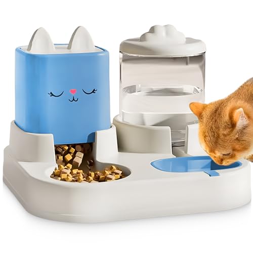 Bonpaw 2-in-1-Futterstation für Katzen und kleine Haustiere, niedliches Katzengesicht und Ohren-Design, zwei Fächer für Futter und Wasser, rutschfest, BPA-frei, Pastellfarben (Gelb oder Blau von Bonpaw
