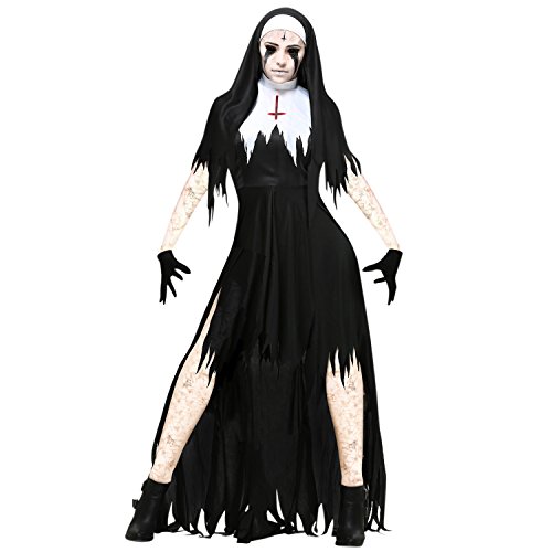 Boodtag Frauen Halloween Kostüm Zombie Nonne Kleider Spiel Rollenspiel Cosplay Uniform inkl. Kopfbedeckungen Handschuhe Halskette von Boodtag