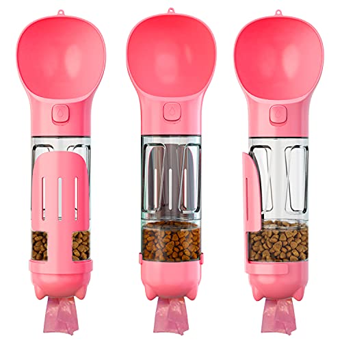 Hunde-Wasserflasche, 300 ml, tragbare Hunde-Wasserflasche, 4-in-1-Spender mit Futterbehältern, Kotschaufel, Müllsack-Aufbewahrung für Haustiere, Hund, Katze, Haustier im Freien (rosa) von Boodtag