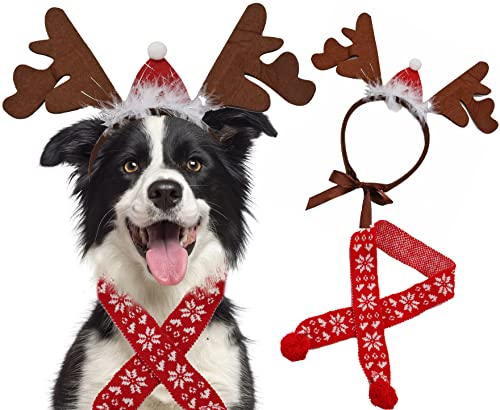 Hunde Weihnachtskostüm, Hund Rentiergeweih Stirnband verziert mit Nikolausmütze und Hund Weihnachtstuch für kleine mittelgroße große Hunde von BoomBone