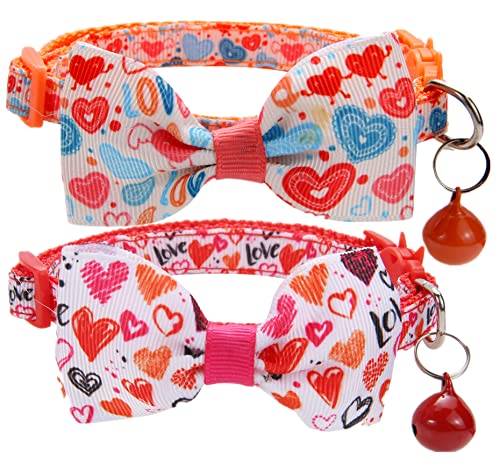 Valentinstag-Katzenhalsbänder mit Glöckchen, 2 Stück, verstellbares Katzenhalsband mit Fliege, rosa rotes Herz, Katzenhalsband für Kätzchen, Katzen von BoomBone