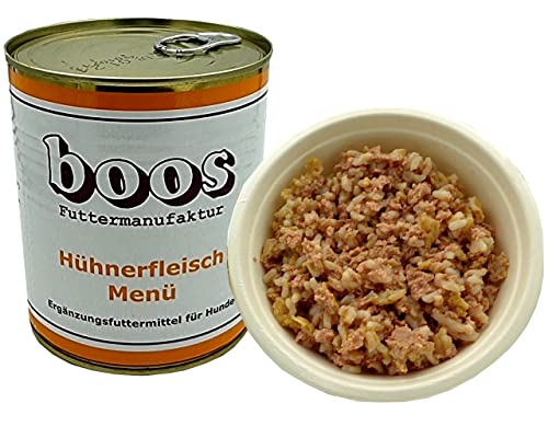 Boos-Hühnerfleisch-Menü 2 x 800g (insg. 1,6kg) Hundefutter, Nassfutter, Hühnerfleisch (70%) Reis, Kein Zusatz von Aroma-, Farb-, BZW. Konservierungsstoffen, Emulgatoren, Stabilisatoren oder Salz von Boos