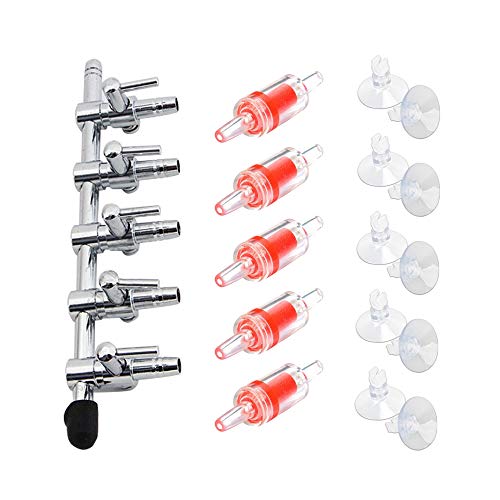 BornFeel Aquarium Luftverteiler 16 in 1 Set 5-Wege Ventil Luftbahn 5 Rückschlagventil 10 Saugnäpfe für 4/6mm Schlauch Luftpumpe 5-Fach Metall Luftabsperrhahn von BornFeel