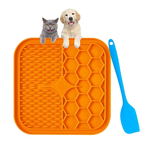 Leckmatte Hund Schleckmatte Hund 15x15cm Hunde Leckmatte mit 1 Silikonspatel BPA-frei für Welpen Katzenfütterung Haustieren Baden Fellpflege Pflegen Trainieren Orange von Bornfeel