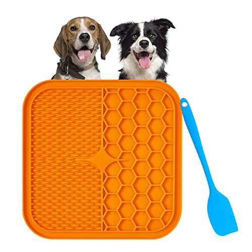 Schleckmatte Hund 21x21cm Leckmatte Hund mit 1 Silikonspatel BPA-frei Hunde Leckmatte für Welpen Katzenfütterung Haustieren Baden Fellpflege Pflegen Trainieren Orange von Bornfeel