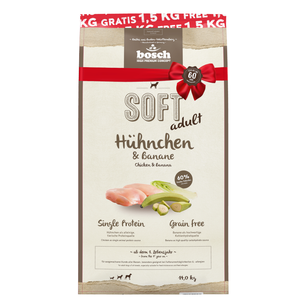 1,5 kg gratis! 14 kg bosch getreidefreis Trockenfutter - Soft Hühnchen & Banane 1,5 kg gratis! 14 kg bosch getreidefreis Trockenfutter - Soft Hühnchen & Banane von Bosch HPC Soft