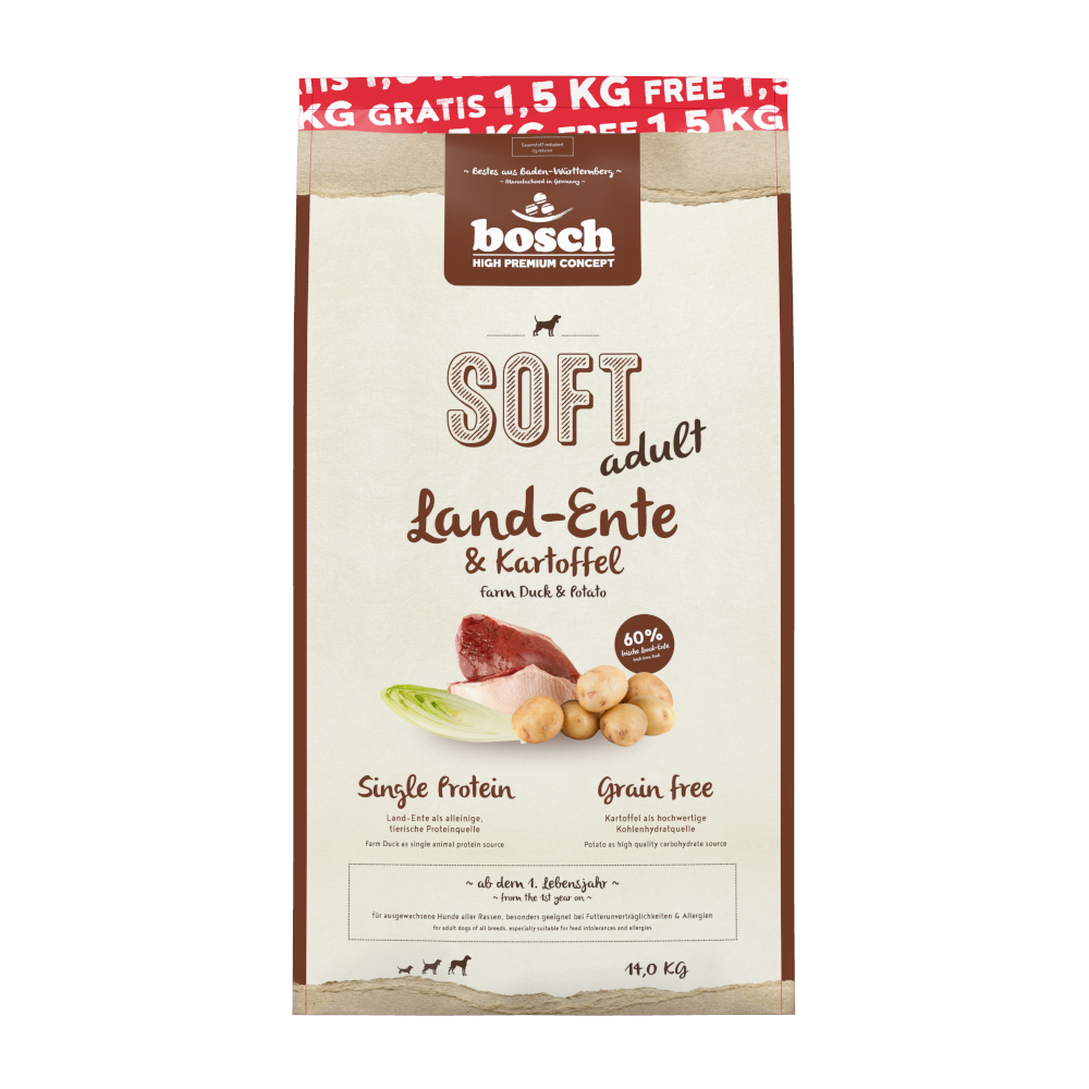 1,5 kg gratis! 14 kg bosch getreidefreis Trockenfutter - Soft Land-Ente & Kartoffel 1,5 kg gratis! 14 kg bosch getreidefreis Trockenfutter - Soft Land-Ente & Kartoffel von Bosch HPC Soft
