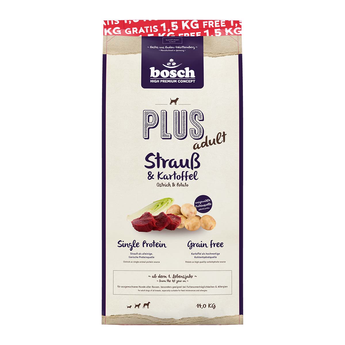 Bosch PLUS Hunde-Trockenfutter Strauß & Kartoffel 12,5+1,5kg gratis Bosch PLUS Hunde-Trockenfutter Strauß & Kartoffel 12,5+1,5kg gratis von Bosch