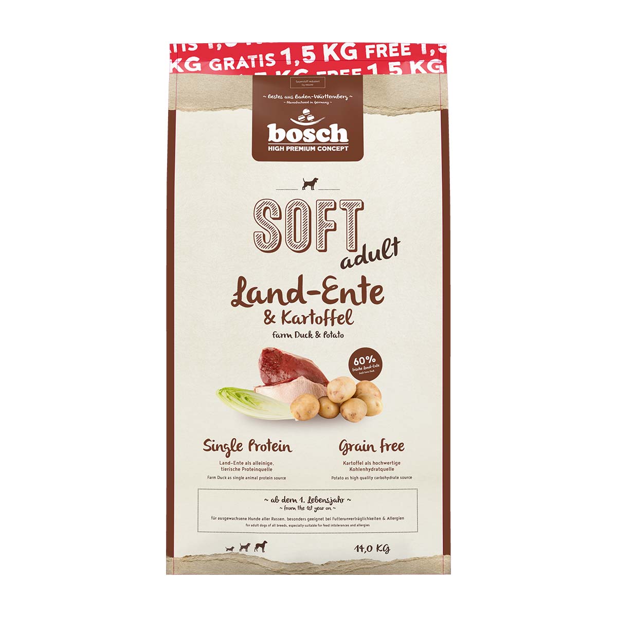Bosch SOFT Hunde-Trockenfutter Land-Ente & Kartoffel 12,5+1,5kg gratis Bosch SOFT Hunde-Trockenfutter Land-Ente & Kartoffel 12,5+1,5kg gratis von Bosch