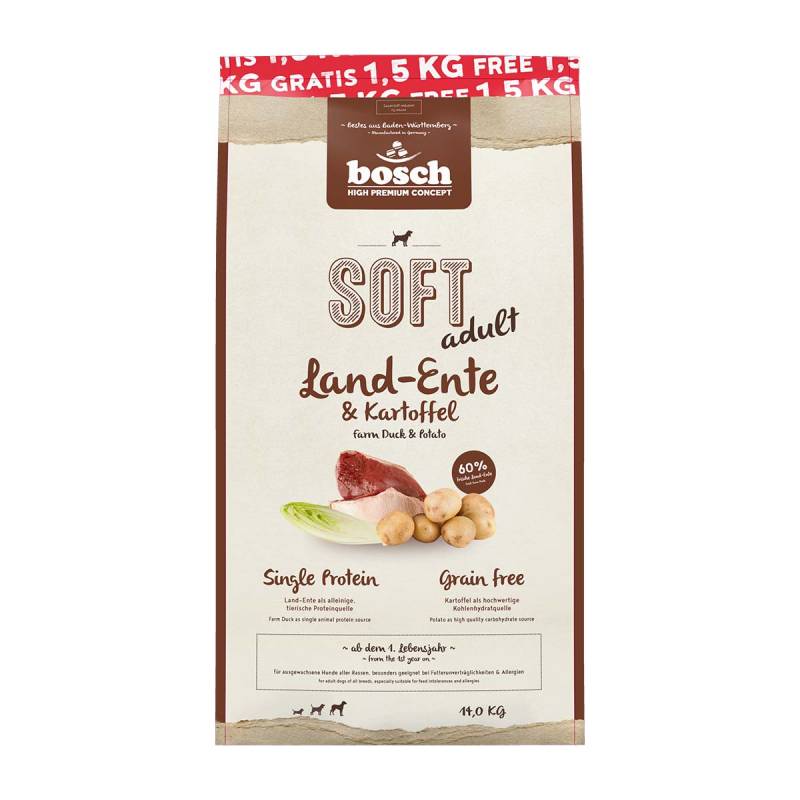 Bosch SOFT Hunde-Trockenfutter Land-Ente & Kartoffel 12,5+1,5kg gratis von Bosch