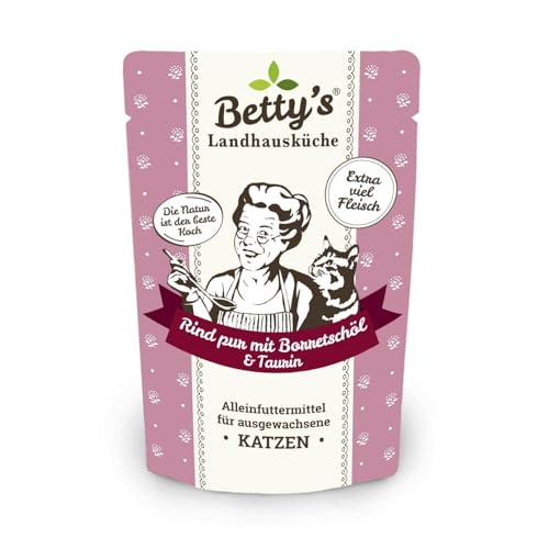 Betty's Landhausküche Frischebeutel Pouches Nassfutter Katze, Rind pur mit Borretschöl 100 g, getreidefrei, Beste Qualität, hochwertiges Fleisch, schonend gegart, hohe Bioverfügbarkeit von Boswelia