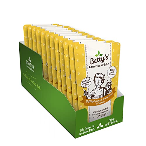 Betty's Landhausküche Frischebeutel Pouches Nassfutter Katze, Geflügel PUR mit Borretschöl 12 x 100 g, getreidefrei, beste Qualität, hochwertiges Fleisch, schonend gegart, hohe Bioverfügbarkeit von Boswelia