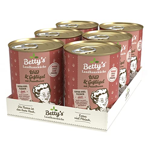 Betty's Landhausküche Hund Wild & Geflügel mit Preiselbeeren 6 x 400 g Für alle Hunderassen geeignet Hohe Bioverfügbarkeit Wir achten auf Beste Qualität von Boswelia