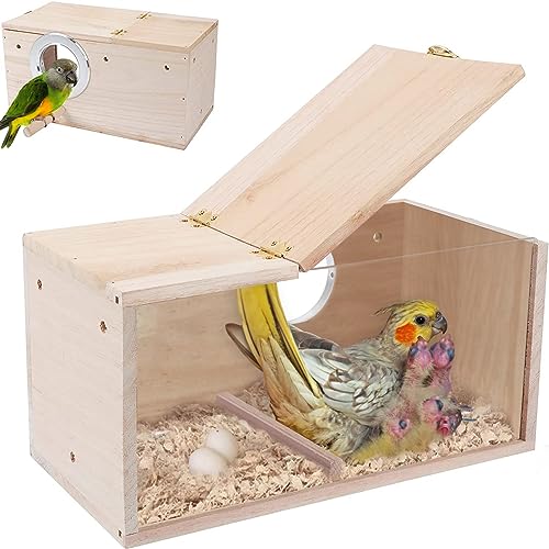 Boutihao Wellensittich Nistkasten, Vogelnest Brutkasten mit Sitzstange Holz, Vogelnistkasten Natürliche Holz Vogelnesthütte mit Transparenter Acrylplatte, Hölzerne Vogelzuchtbox(15 * 15 * 29.5cm) von Boutihao