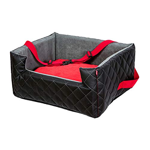 BOUTIQUE ZOO Exclusive Hunde Autositz | Autositz für Hunde, Katzen, Haustier | Rückbank, Beifahrersitz | Hundebett, Hundetasche | Kunstleder | Farbe: Schwarz/Rot | Große: L (57x50 cm) von BOUTIQUE ZOO