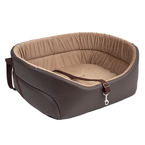 BOUTIQUE ZOO Hunde Autositz Universal Waschbar Abriebfest, Autositz Hund für Vordersitz, Beifahrersitz, Rückbank, Hundebett Hundetasche, L: 56 cm x 48 cm, Braun - Kunstleder: Wildlederimitat von BOUTIQUE ZOO