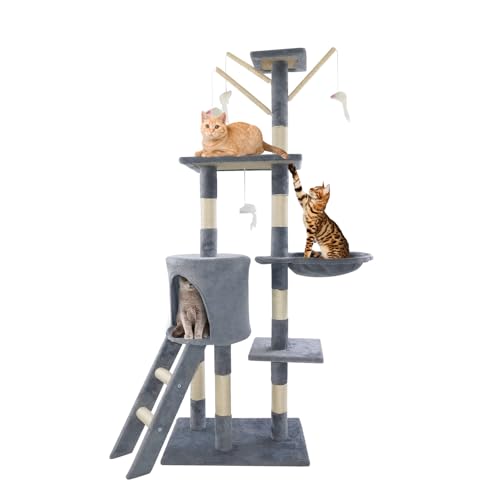 Katzenbaum, 140 cm Stabiler Kratzbaum, Katzenkletterturm mit Condo/Hängematte, Leiter, Kratzpfosten, Mehrstöckiges Katzenkletterhaus, platzsparendes Aktivitätszentrum für Haustiere von Bowose