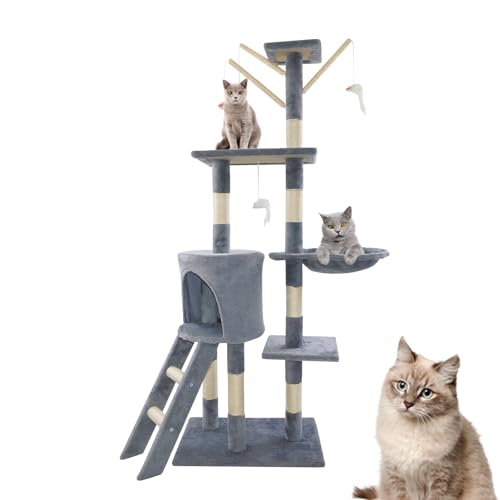 Katzenbaum 140 cm, Kratzbaum Stabiles Aktivitätszentrum Kletterbaum mit Katzenhäuschen, Hängematte, 6 Sisalstangen, Leiter, Hängespielzeug und Ruheplatz, für Kätzchen im Innenbereich, Grau von Bowose