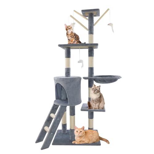 Kratzbaum, 140 cm, mehrstöckiger, Stabiler Kletterturm, 6 Sisalstangen, Plüschbasis, Mehrstöckiges Kletterhaus für Katzen, Condos & Leiter, Aktivitätszentrum für Haustiere, KäTzchen von Bowose