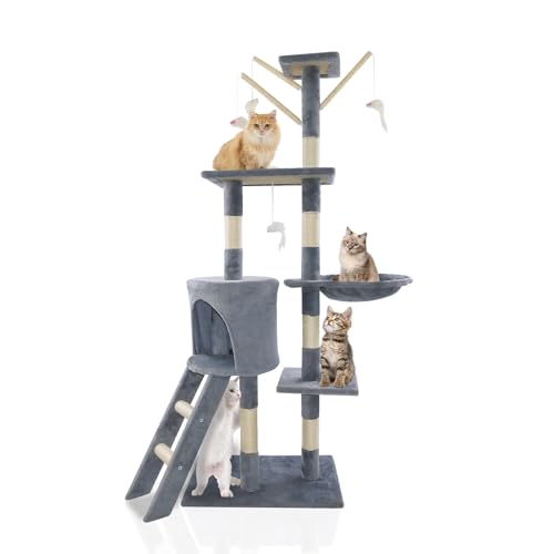 Kratzbaum, 140 cm Hoher Kratzbaum füR Katzen, MehrstöCkiger, Stabiler Kletterturm Mit Leiter und HäNgematte, Schmutzabweisend, Indoor-AktivitäTsmöBel füR Haustiere, Spielhaus, KäTzchen, Grau von Bowose