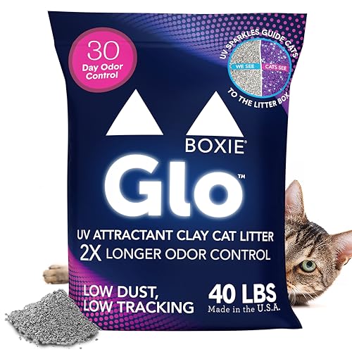 Boxie® Glo™ 30 Tage Geruchskontrolle, klumpendes Ton-Katzenstreu, 18 kg, Multi-Cat, 99,9% staubfrei, geringe Verfolgung, UV-Licht-Lockstoff, überlegenes Klumpen für einfaches Schaufeln von BoxiePro