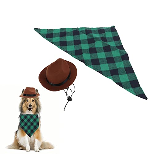 Hunde-Cowboyhut und Schal, verstellbar, Cowboy-Kostüm-Set für Halloween-Party, Rollenspiele (braun + grünes Gitter) von Boxwizard