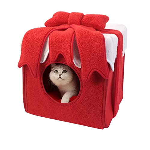 Weihnachts-Katzenbett, Weihnachtsbox-Stil, weich, bequem, Fussel, lebendige Farben, Weihnachts-Katzenzelt für Katzen und Haustiere (rot) von Boxwizard