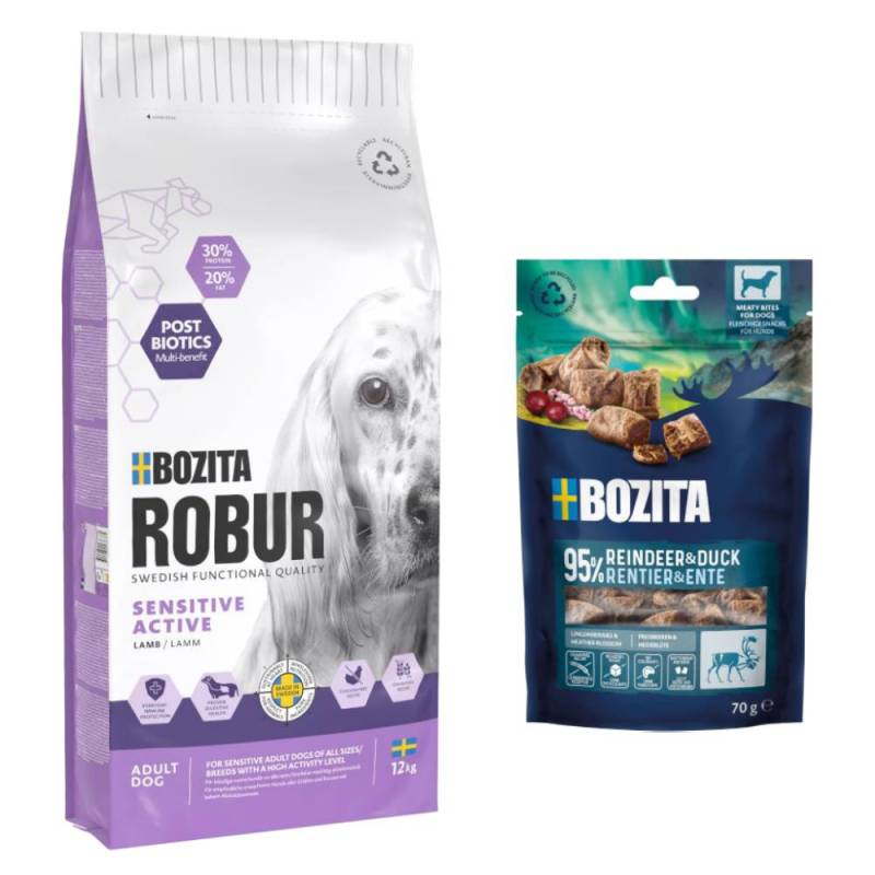 7,5 kg / 12 kg Bozita Robur + 2 x 70 g Meaty Bites mit Rentier & Ente gratis! - 12 kg Sensitive Grain Free Active Lamm von Bozita Robur