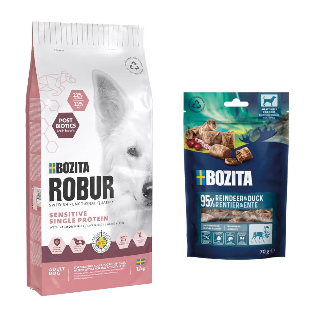 7,5 kg / 12 kg Bozita Robur + 2 x 70 g Meaty Bites mit Rentier & Ente gratis! - 12 kg Sensitive Single Protein Lachs & Reis 7,5 kg / 12 kg Bozita Robur + 2 x 70 g Meaty Bites mit Rentier & Ente gratis! - 12 kg Sensitive Single Protein Lachs & Reis von Bozita Robur