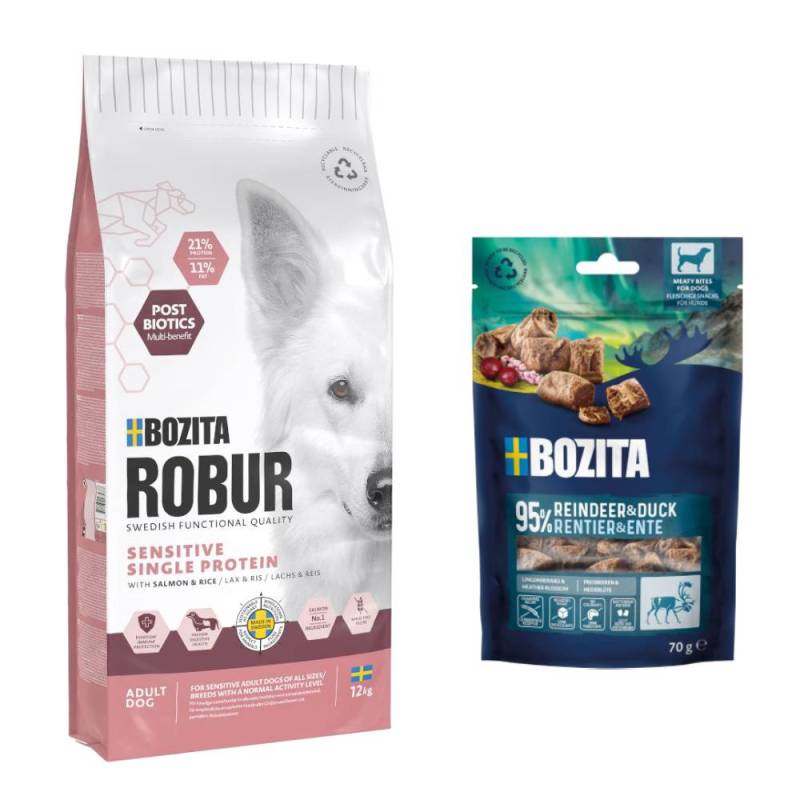7,5 kg / 12 kg Bozita Robur + 2 x 70 g Meaty Bites mit Rentier & Ente gratis! - 12 kg Sensitive Single Protein Lachs & Reis von Bozita Robur
