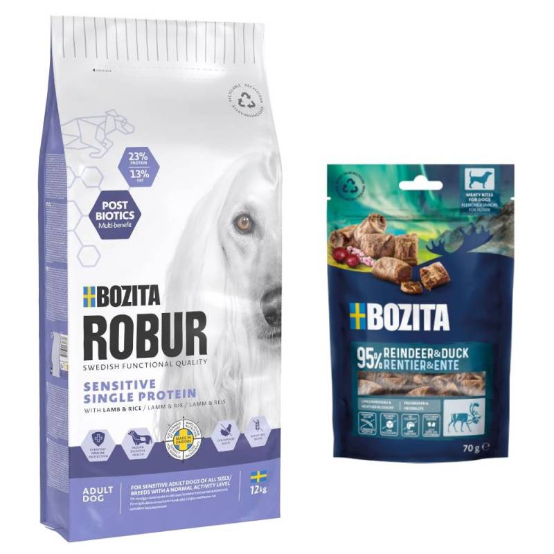 7,5 kg / 12 kg Bozita Robur + 2 x 70 g Meaty Bites mit Rentier & Ente gratis! - 12 kg Sensitive Single Protein Lamm & Reis von Bozita Robur