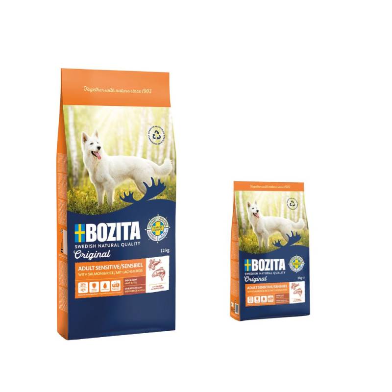 12 kg + 3 kg gratis! 15 kg Bozita Original  - Adult Sensitive Haut & Fell mit Lachs & Reis - Weizenfrei von Bozita