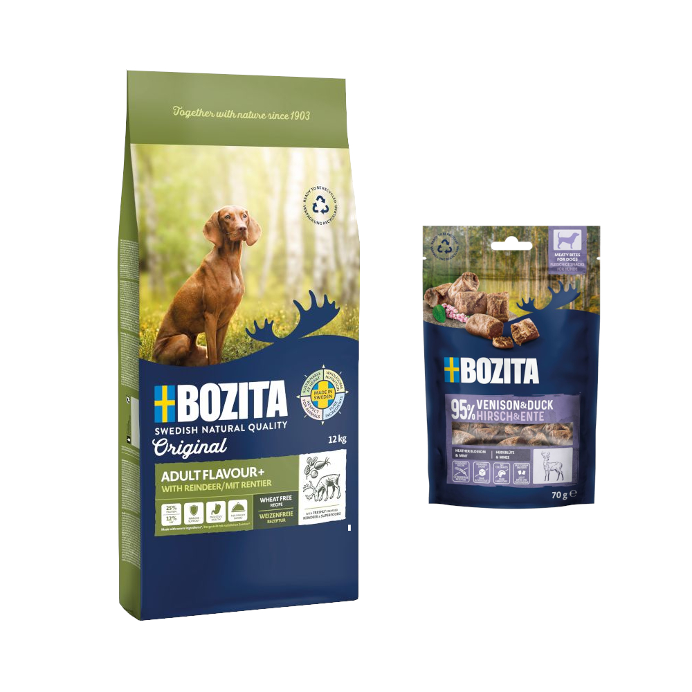 12 kg Bozita Original + 2 x 70 g Meaty Bites mit Hirsch & Ente gratis! - Adult Flavour Plus mit Rentier - Weizenfrei 12 kg Bozita Original + 2 x 70 g Meaty Bites mit Hirsch & Ente gratis! - Adult Flavour Plus mit Rentier - Weizenfrei von Bozita