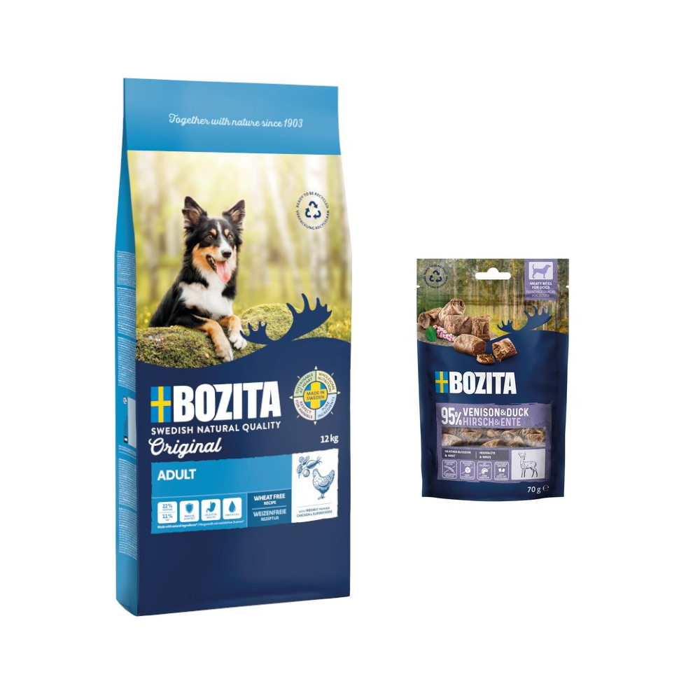 12 kg Bozita Original + 2 x 70 g Meaty Bites mit Hirsch & Ente gratis! - Adult mit Huhn - Weizenfrei 12 kg Bozita Original + 2 x 70 g Meaty Bites mit Hirsch & Ente gratis! - Adult mit Huhn - Weizenfrei von Bozita