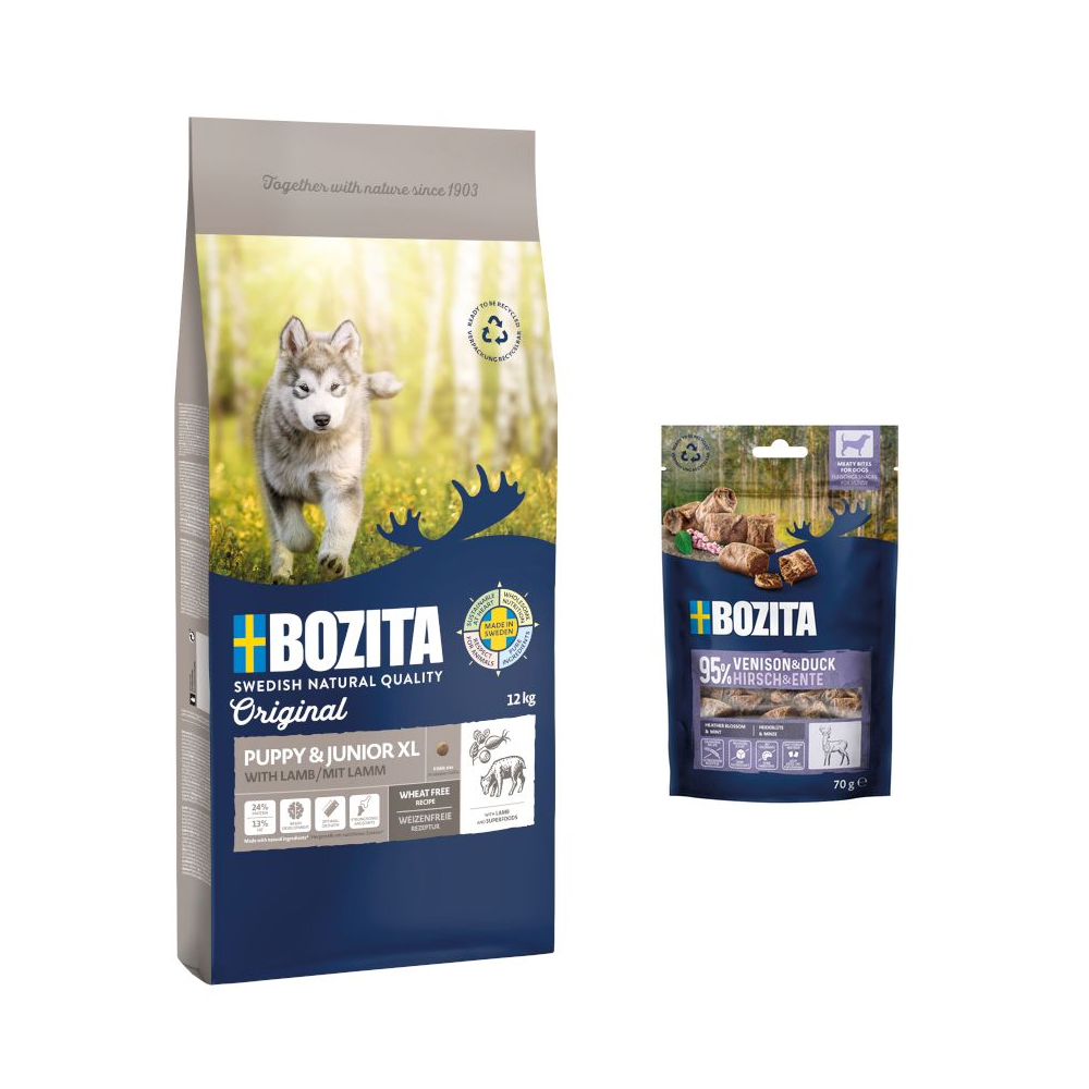 12 kg Bozita Original + 2 x 70 g Meaty Bites mit Hirsch & Ente gratis! - Puppy & Junior XL mit Lamm - Weizenfrei 12 kg Bozita Original + 2 x 70 g Meaty Bites mit Hirsch & Ente gratis! - Puppy & Junior XL mit Lamm - Weizenfrei von Bozita
