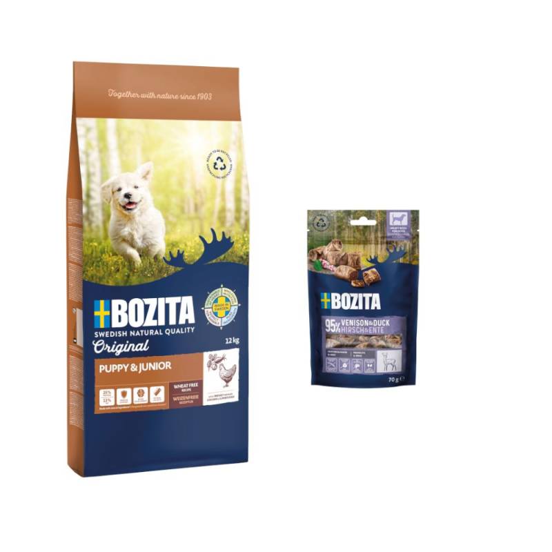 12 kg Bozita Original + 2 x 70 g Meaty Bites mit Hirsch & Ente gratis! - Puppy & Junior mit Huhn - Weizenfrei von Bozita