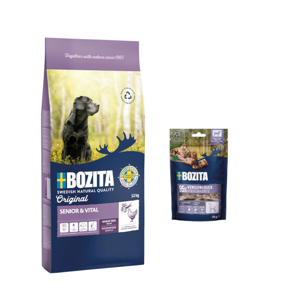 12 kg Bozita Original + 2 x 70 g Meaty Bites mit Hirsch & Ente gratis! - Senior & Vital mit Huhn - Weizenfrei 12 kg Bozita Original + 2 x 70 g Meaty Bites mit Hirsch & Ente gratis! - Senior & Vital mit Huhn - Weizenfrei von Bozita