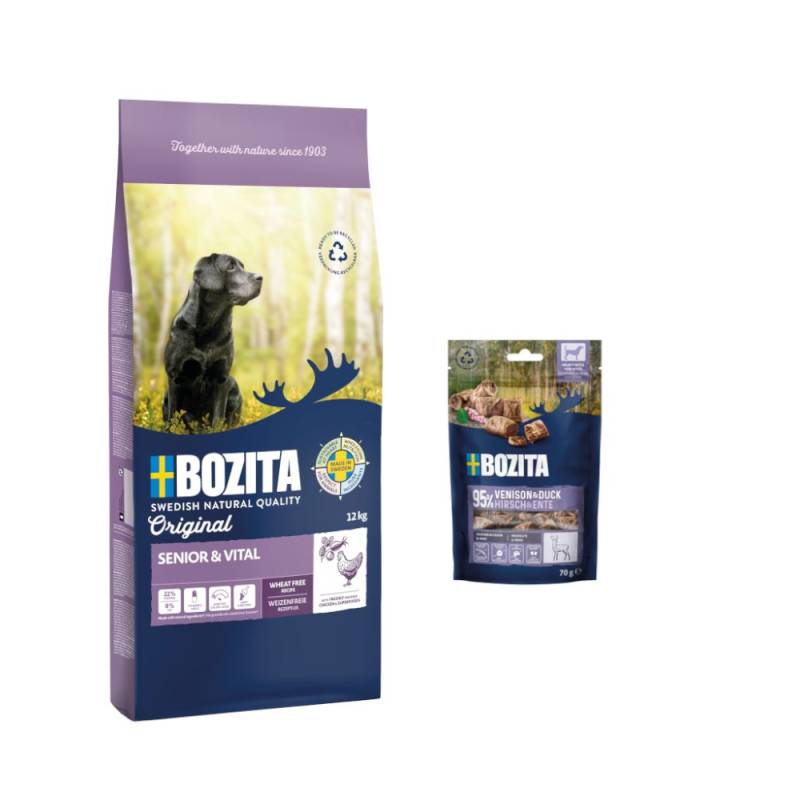 12 kg Bozita Original + 2 x 70 g Meaty Bites mit Hirsch & Ente gratis! - Senior & Vital mit Huhn - Weizenfrei von Bozita