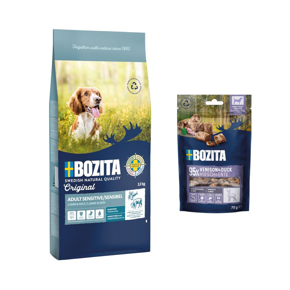 12 kg Bozita Original + 2 x 70 g Meaty Bites mit Hirsch & Ente gratis! - Sensitive Digestion Lamm & Reis - Weizenfrei von Bozita