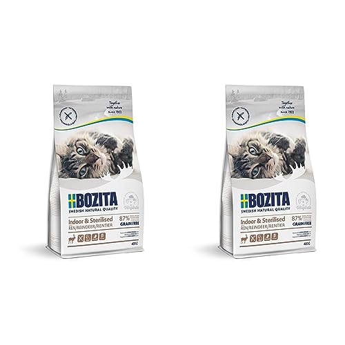 BOZITA Indoor & Sterilised Getreidefrei mit Rentier - Trockenfutter für Erwachsene hauptsächlich drinnen lebende Katzen, 0.4 kg (Packung mit 2) von Bozita
