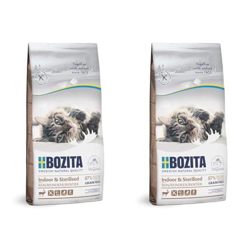 BOZITA Indoor & Sterilised Getreidefrei mit Rentier - Trockenfutter für Erwachsene hauptsächlich drinnen lebende Katzen, 2 kg (Packung mit 2) von Bozita