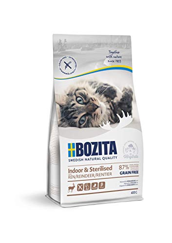 Bozita Indoor & Sterilised Katzentrockenfutter mit Rentier – 400g – weizenhaltiges Katzenfutter für sterilisierte Wohnungskatzen – 33 % Protein, 14 % Fett – gentechnikfrei, Alleinfuttermittel von Bozita
