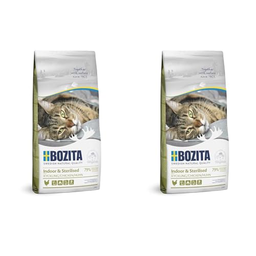 BOZITA Indoor & Sterilised Hühnchen - Trockenfutter für Erwachsene hauptsächlich drinnen lebende Katzen, 2 kg (Packung mit 2) von Bozita