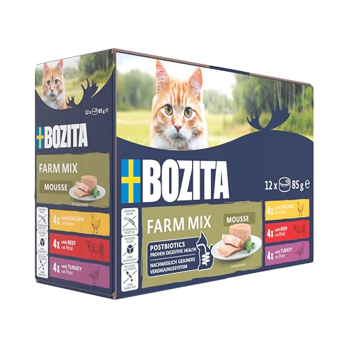 BOZITA Mousse Farm Mix 12x85g - Nassfutter für Gourmet Katzen in kleinen Dosen - mit Postbiotika zur Unterstützung Einer gesunden Darmflora mit Huhn, Rind und Pute - Alleinfuttermittel BOZITA Mousse Farm Mix 12x85g - Nassfutter für Gourmet Katzen in kleinen Dosen - mit Postbiotika zur Unterstützung Einer gesunden Darmflora mit Huhn, Rind und Pute - Alleinfuttermittel von Bozita