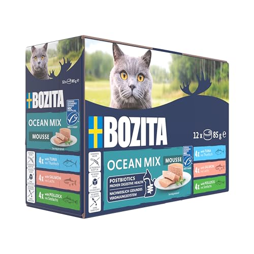 BOZITA Mousse Ocean Mix - NEU Nassfutter für Gourmet Katzen in kleinen Dosen 12x85g - mit Postbiotika zur Unterstützung Einer gesunden Darmflora mit Thunfisch, Lachs und Seelachs BOZITA Mousse Ocean Mix - NEU Nassfutter für Gourmet Katzen in kleinen Dosen 12x85g - mit Postbiotika zur Unterstützung Einer gesunden Darmflora mit Thunfisch, Lachs und Seelachs von Bozita