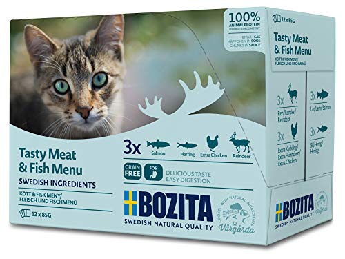 BOZITA Multibox Mixpack Lachs, Hering, viel Huhn, Rentier - Häppchen in Soße 12x85g Pouch Portionsbeutel - getreidefreies Nassfutter für erwachsene Katzen von Bozita