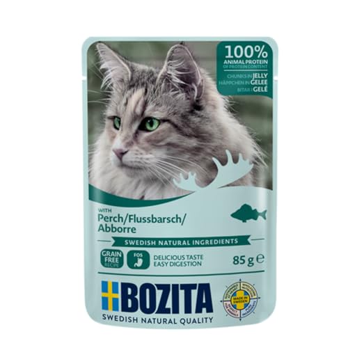 BOZITA Nassfutter Häppchen in Gelee mit Barsch 12x85g Pouch Portionsbeutel - getreidefrei - für erwachsene Katzen von Bozita