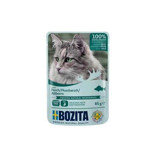 Bozita Pouch Nassfutter Häppchen in Gelee mit Barsch - 12x85g Portionsbeutel getreidefreies & weizenfreies Futter für Katzen - Katzennassfutter für erwachsene Katzen mit 8,5% Protein & 4,5% Fettgehalt von Bozita
