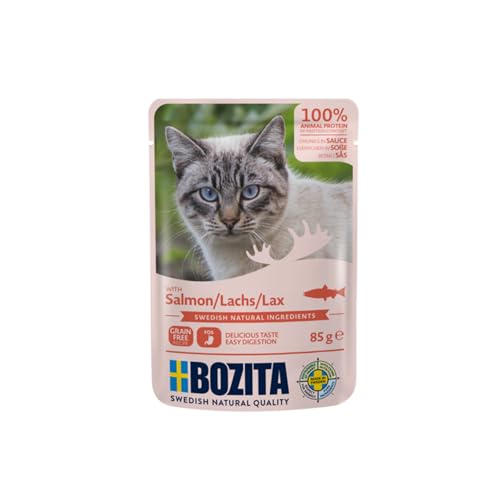 BOZITA Nassfutter Häppchen in Gelee mit Lachs 12x85g Pouch Portionsbeutel - getreidefrei - für erwachsene Katzen von Bozita