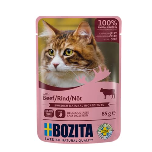 BOZITA Nassfutter Häppchen in Gelee mit Rind 12x85g Pouch Portionsbeutel - getreidefrei - für erwachsene Katzen - Alleinfuttermittel von Bozita